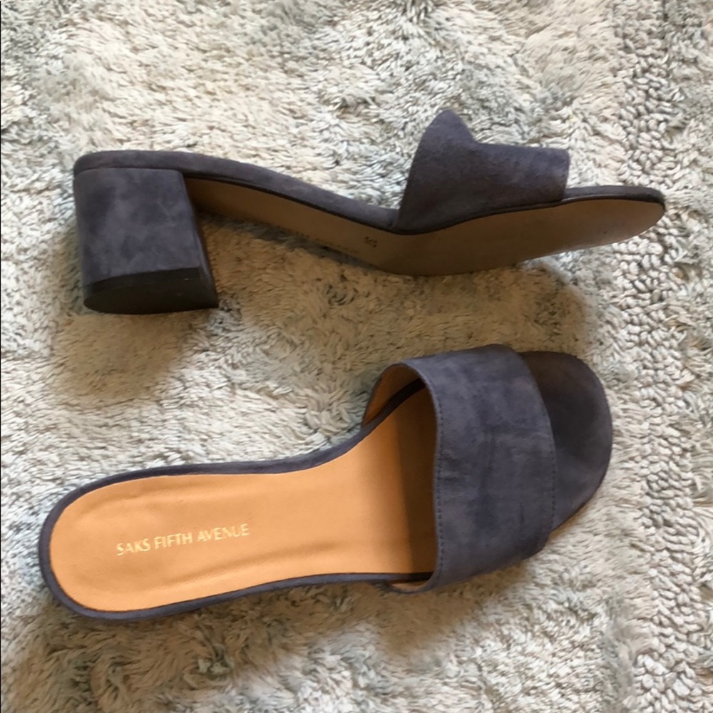 Blue suede heeled slides
